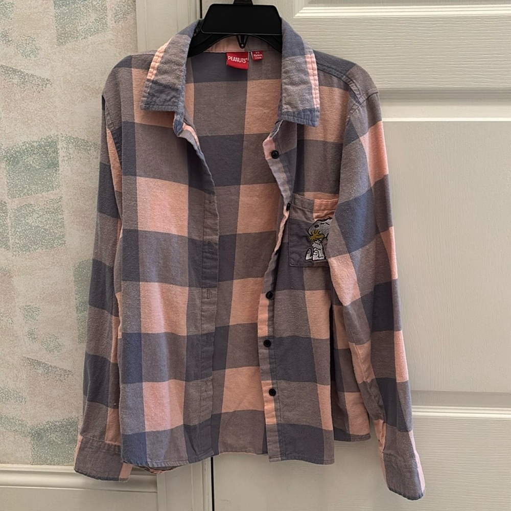 Peanuts Plaid Button Down Shirt Juniors XS Snoopy Woodstock‎ Pink Gray